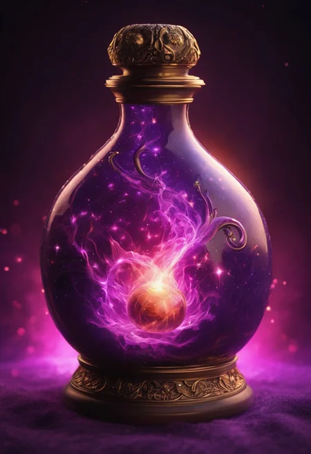 Score_9, Score_8_up, Score_7_up, Score_6_up, Score_5_up, Score_4_up, high_def, highest quality, 4k, best quality, masterpiece, no humans, object focus, focused, defined, (Photorealistic magic potion:1.3), intricate glass bottle, elixir, (skull inside potion:0.7), vivid purple colors, pink hues, bubbling, ethereal light, flashy lights, magic lights, luminous, dynamic reflections, magical aura, highly detailed, fantasy essence, glowing particles, radiant aura