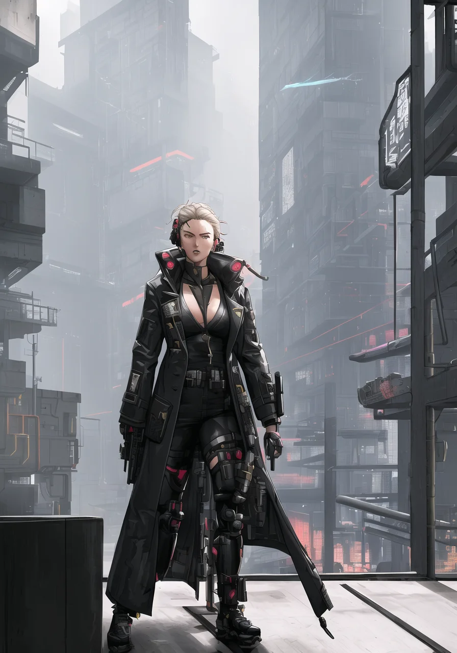 Kanji, 1girl, masterpiece, best quality, trending on artstation, psychic energy blast, yoji shinkawa's rendition of intimidating cYBERPUNK HACKER woman, detailed cYBERPUNK Trenchcoat by Ian McQue, detailed cYBERPUNK architecture by Mamoru Nagano