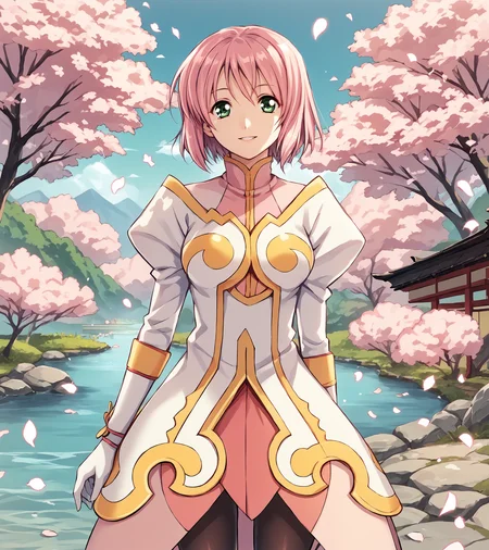 score_9, score_8_up, score_7_up, score_6_up, score_5_up, score_4_up, BREAK source_anime,
1girl, solo, <lora:EstelliseSidosHeurassein:1> , Estellise Sidos Heurassein, pink hair, short hair, green eyes, medium breasts,
ornate dress, high collar, white gloves, long pink skirt, black pantyhose, white boots,
distant mountains, cherry trees, cherry blossom, petals, japanese architecture, river,
looking at viewer, smile, cowboy shot,
<lora:Piromizu:1>,