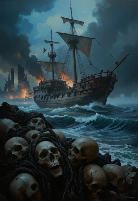 Dark post-apocalyptic seascape with a ghostly wooden pirate ship sailing through stormy waters. Burning wreckage in the background, magic towers shrouded in mist and smoke. Foreground shows human skulls entangled in ancient ropes. Cinematic lighting, dramatic shadows, dystopian atmosphere, high detail.