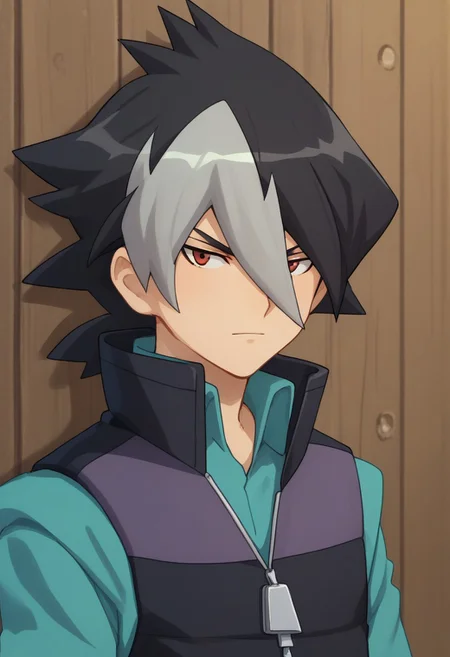 score_9, score_8_up, score_7_up, source_anime, highly detailed,
kaidou, 1boy, male focus, solo, red eyes, multicolored hair, two-tone hair, black hair, grey hair, bangs, hair between eyes, hair over one eye, shirt, blue shirt, vest, popped collar, zipper, upper body,
outdoor,