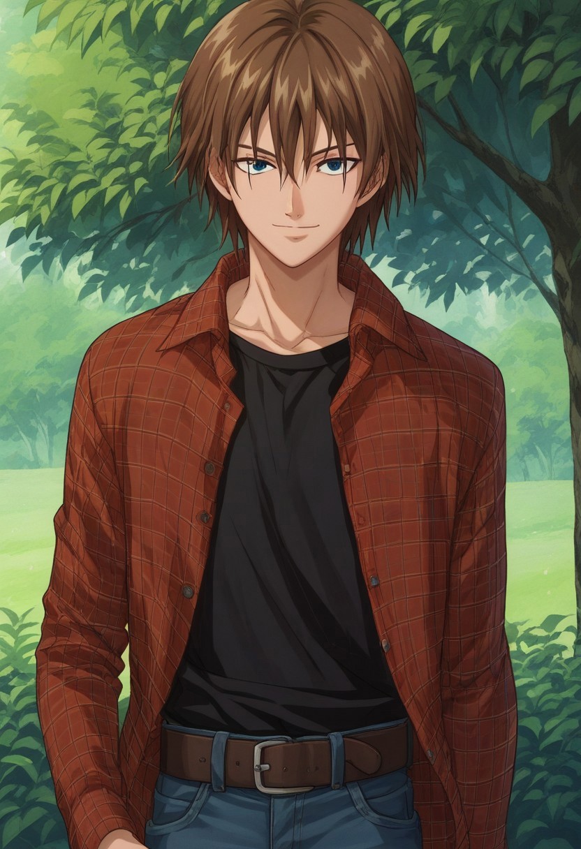 score_9, score_8_up, score_7_up, source_anime, highly detailed, 

shusuke, 1boy, male focus, solo, brown hair, hair between eyes, blue eyes, plaid, plaid shirt, open shirt, open clothes, long sleeves, black shirt, belt, pants, denim. closed mouth, smile,

outdoor