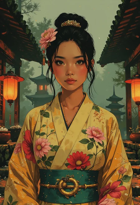 A frontal portrait of a young Asian woman facing the viewer, her porcelain skin glowing under golden dawn light. Almond-shaped hazel eyes meet the gaze directly, framed by thick lashes and lantern-lit warmth. Silky black hair is styled in a *negayama* updo, centered with a gold *kanzashi* adorned with mother-of-pearl sakura petals and coral beads, flanked by symmetrical amethyst-tipped pins. She wears a brocade kimono with a creamy magnolia base woven with gold threads, blooming chrysanthemums and peonies in saffron and blush hues. A turquoise obi cinches her waist, embroidered with a central dragon whose scales shift azure to gold. Behind her, a symmetrical Heian-era garden: a moss-covered pavilion’s latticework frames twin crimson *chojin* lanterns reflecting on stone steps. White camellias in ceramic pots flank the scene, dewdrops glinting on leaves. Garnet maples encircle a mist-veiled pagoda; sakura petals scatter evenly across a dark veranda. Dawn light bathes her face, lanterns illuminating her figure frontally. Hazy atmosphere softens contrasts, highlighting textures: gold threads, iridescent dragon scales, dewdrops. Symmetry reigns—architecture, nature, and adornment merge in timeless balance. Details: photorealistic textures, cinematic lighting, traditional aesthetics, cultural motifs, vivid gradients."**