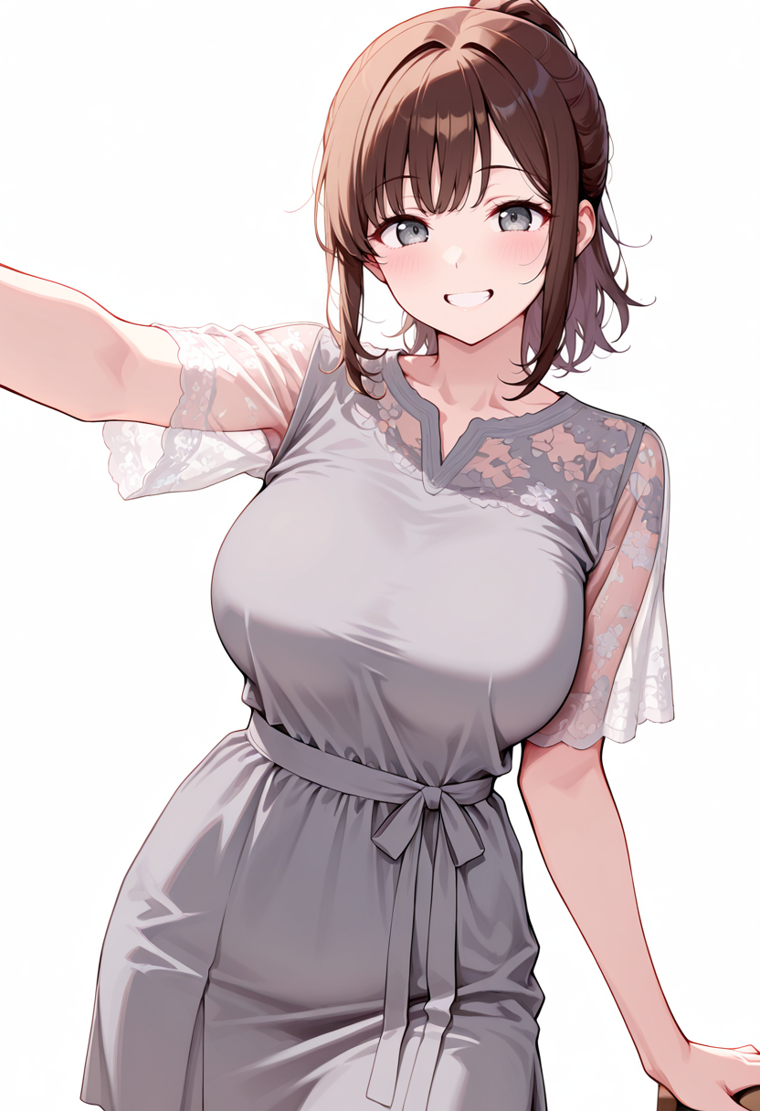masterpiece, best quality, amazing quality, simple background,((outlined outlined vector graphics)),  simple background,  white background,
 ,  looking at viewer ,cowboy shot, pov ,  looking at viewer 
1girl, 20yo, brown hair, gray eyes, (large breast:1.1), (ponytail:1.1), medium hair,(curvy:1.1),bangs , cute face, smile , grin ,
pure-kyaba-dress, short sleeve dress ,gray dress, see-through sleeves, see-through dress <lora:pure-kyaba-dress-il-01:1.0>