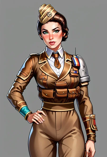 score_9, score_8_up, score_7_up,derpibooru_p_95,  dress, coat, pants, daily wear,
twitch, twitch \(Rainbow Six Siege\), twitch elite maquis \(Rainbow Six Siege\), 1girl, solo, breasts, blush, short hair, large breasts, simple background, brown hair, hat,, green eyes, cowboy shot,, lips, hand on hip, wrist cuffs, , detached collar, , garrison cap