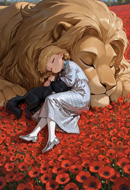 (score_9, score_8, score_7_up), masterpiece, best quality, amazing quality, very aesthetic, absurdres, high detail, newest, dynamic pose, dynamic angle, wizard of oz, (((Dorothy Gale))), (((human))), farm girl, (((young girl))), (((little girl))), (((small girl))), (((tiny girl))), faded dress, (((white and blue checkered gingham dress))), (((silver dress shoes))), blonde hair, braided pigtails, rosy face, stockings, lying down, eyes closed, asleep, sleeping, sleeping on giant lion, sleeping with giant lion, holding dog, dog, (((1dog))), puppy, pet, ((Yorkshire Terrier)), black dog, curled up, eyes closed, asleep, sleeping, ((lion)), (((1lion))), brown lion, giant lion, huge lion, big lion, (((size difference))), (((red flowers))), poppies, field of flowers, (((poppy field))), field of poppies, sunshine, trees, curled up, eyes closed, asleep, sleeping, all sleeping together, up close,