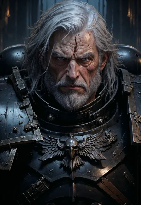 close up portrait, Highly detailed and realistic fantasy character in a dramatic shot. Epic cinematic depiction of a very old Paladin in full RavenG40k power armor. He is bearded and his hair is going grey. <lora:FluxRavenG40k:1> <lora:FluxMythP0rtr4itStyle:0.5> <lora:sxz-Dark-Fantasy-v2-Flux:0.5> <lora:flux_realism_lora:0.8>