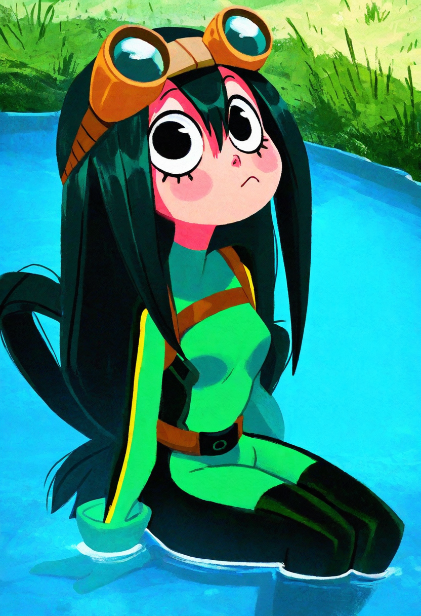justinecunha, masterpiece, best quality, pastel,  solo,   Tsuyu Asui, detailed face, detailed eyes, textured, sitting in water, water pond,  sultry, big eyes, black hair, GREEN BODYSUIT, GOGGLES, small breasts,