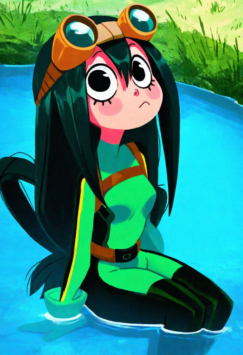 justinecunha, masterpiece, best quality, pastel, solo, Tsuyu Asui, detailed face, detailed eyes, textured, sitting in water, water pond, sultry, big eyes, black hair, GREEN BODYSUIT, GOGGLES, small breasts,