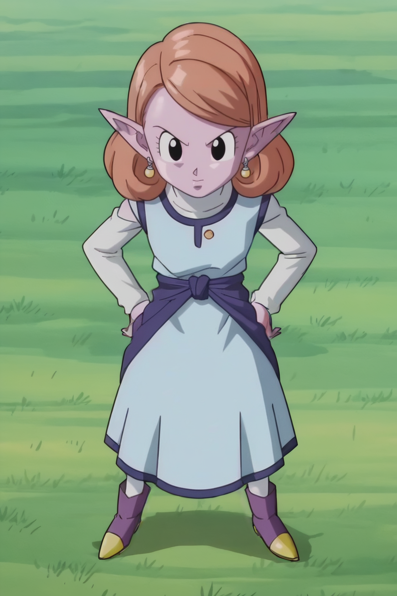 source_anime, score_9, score_8_up, score_7_up, anime screencap,8k, absurdres, 
chronoa, potara earrings, orange hair, pointy ears, black eyes, colored skin, purple skin,
curly hair, turtleneck, white undershirt, long sleeves, blue dress, blue sash, white pants, purple boots,
from above, grass, official style, 
 <lora:chronoa_pony_v1:0.8>