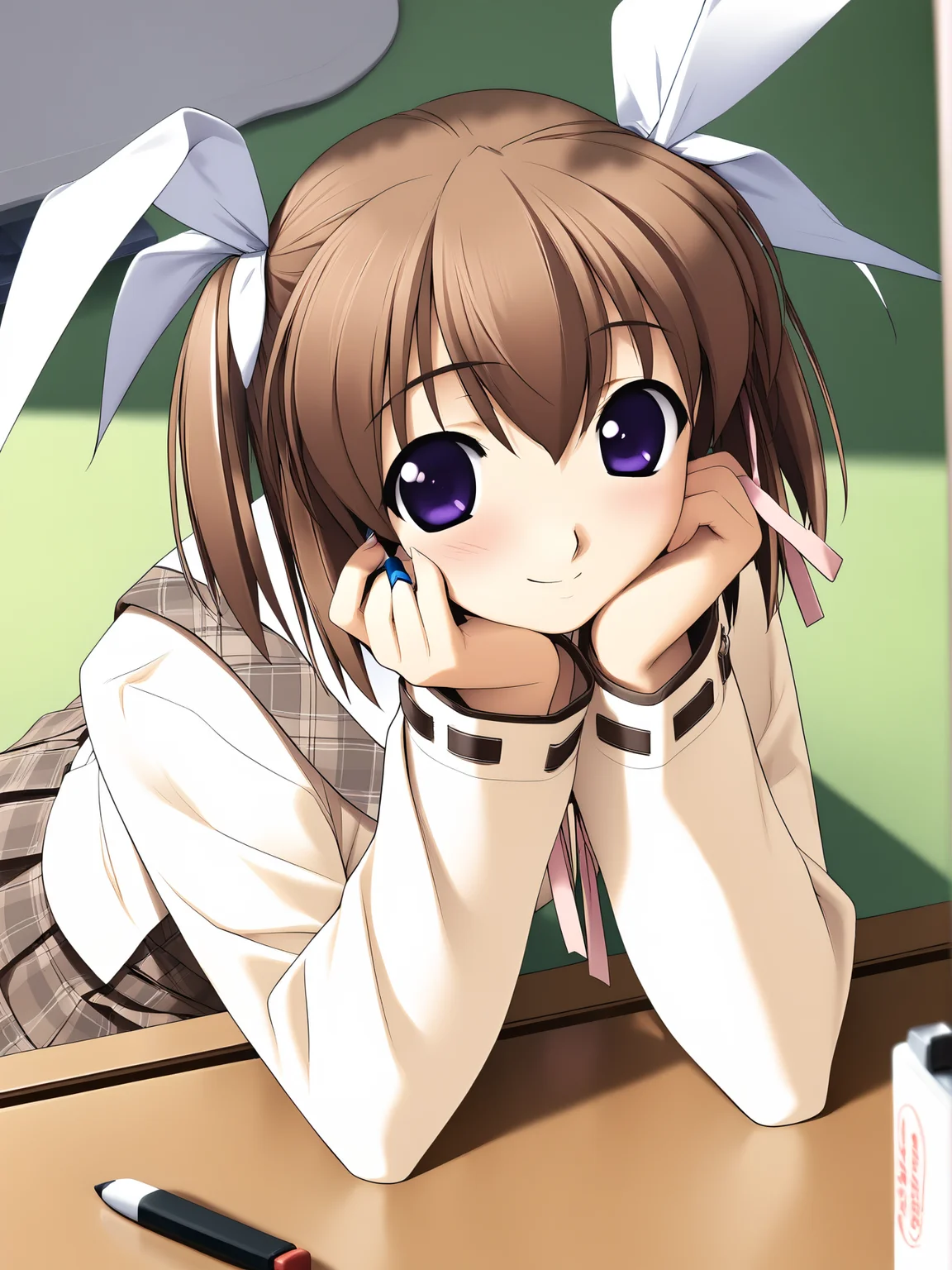 masterpiece, best quality, high quality, aesthetic, absurdres, insanely detailed,
1girl, brown hair, school uniform, purple eyes, ribbon, mechanical pencil, book, twintails, hair ribbon, short hair, head rest, pencil, blush, long sleeves, smile, plaid, desk, eraser, sitting, looking at viewer,
<lora:hashimoto-takashi-style-xl_v1.0:1>