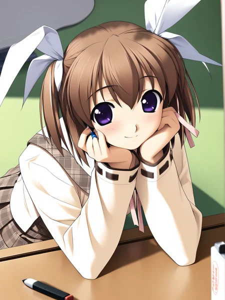 masterpiece, best quality, high quality, aesthetic, absurdres, insanely detailed,
1girl, brown hair, school uniform, purple eyes, ribbon, mechanical pencil, book, twintails, hair ribbon, short hair, head rest, pencil, blush, long sleeves, smile, plaid, desk, eraser, sitting, looking at viewer,
<lora:hashimoto-takashi-style-xl_v1.0:1>