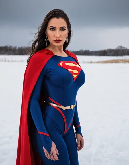 Dark Fantasy Art, ohwx, ,long hair,  brown hair, earrings, brown eyes, , , busty, wearing a superman costume, futuristic bodysuit, red cape, upper body shot, snowy field, winter, looking at viewer , <lora:KarleeGrey_SDXL_v1-000005:0.6> , photorealistic, 4K, masterpiece,, dark, moody, dark fantasy style