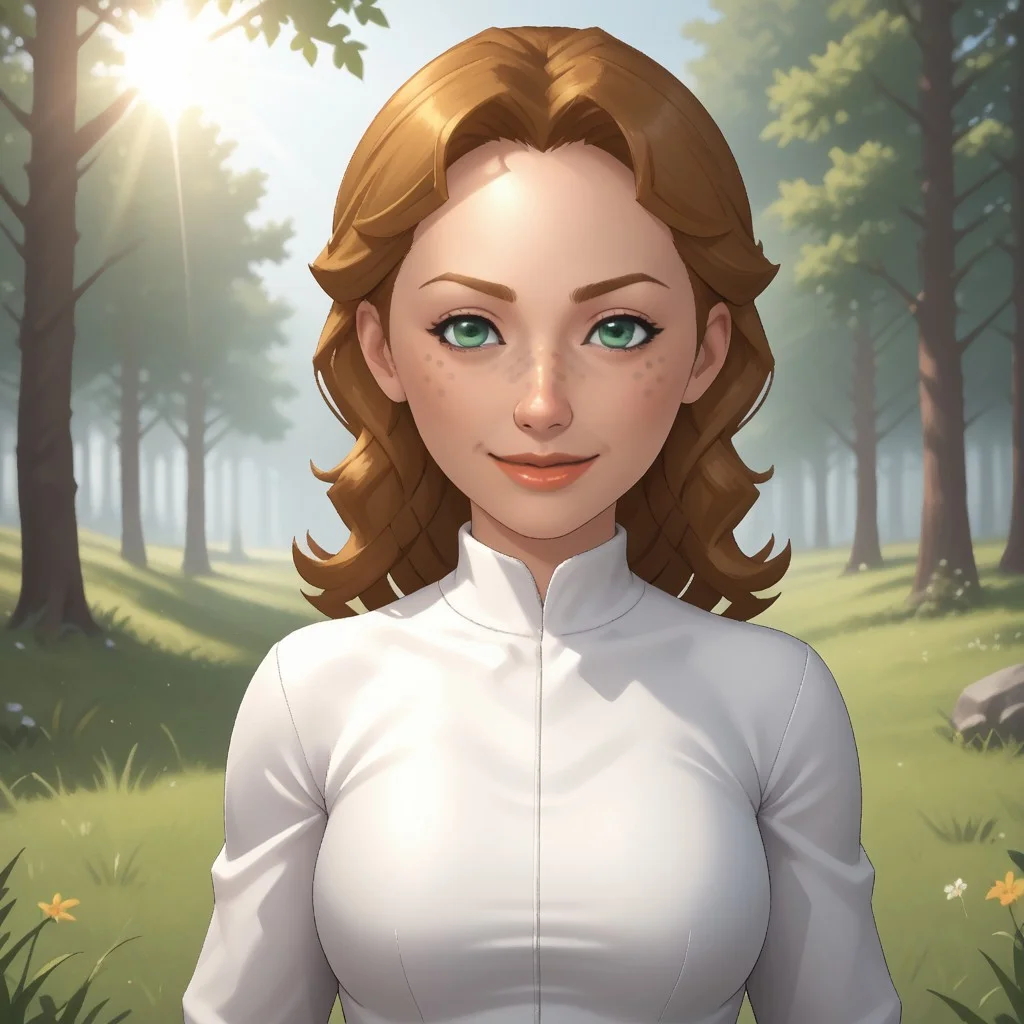 score_9, score_8, BREAK, solo, wii, mii, 1girl, female mii, green eyes, freckles, dark blonde hair, lips, white clothing, white pants, shoes, cute, nintendo mii, modern_mii, classic_mii, breasts, kathrin_(\wii_sports\), wii sports, sexy pose, smile, outdoors, sunlight, shadows, evening lighting, natural lighting, forest, trees, grass, orange sky, sunset