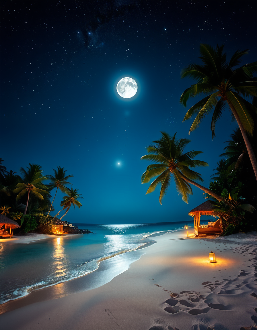 A breathtaking tropical beach at night, illuminated by the soft glow of the moon and twinkling stars. The ocean waves gently lap against the shore, reflecting silver moonlight. Tall palm trees sway slightly in the warm night breeze, their silhouettes contrasting against the deep blue sky. The sand appears smooth and slightly damp, glowing under the moonlight. In the background, distant islands are faintly visible on the horizon, their outlines softened by a light mist. The sky is filled with a mesmerizing display of stars, with the Milky Way faintly visible. The atmosphere is tranquil and serene, evoking a sense of peace and wonder. The image has a high level of detail, realistic textures, and a dreamy cinematic quality.
<lora:SDXLFaeTastic2400:0.4> <lora:extremely_detailed:0.4> extremely detailed,  <lora:tropical_beach_4t_n1ght:1>,tropical beach 4t n1ght, Masterpiece,best quality,hi res,8k,hi res,8k,award winning,(sharp focus, intricate, highly detailed),
