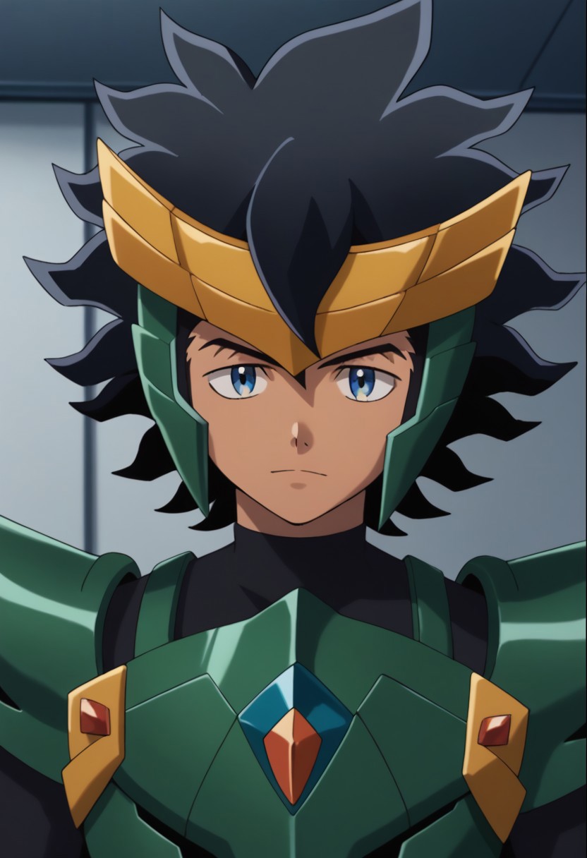 score_9, score_8_up, score_7_up, source_anime, highly detailed, 
kurama, 1boy, male focus, solo, black hair, dark-skinned male, dark skin, upper body, blue eyes, gaist green armor