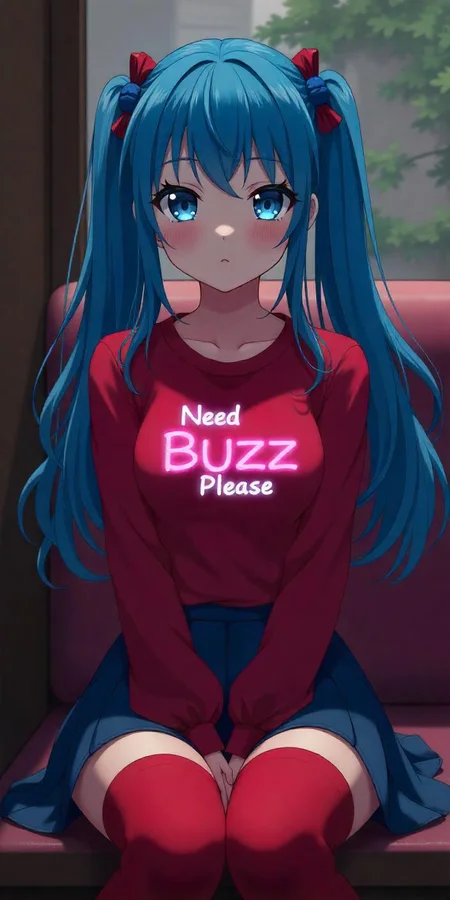 Score_9, Score_8_up, Score_7_up, source_anime, front view, 1 young woman, solo, full lips, blue eyes, blue hair, pigtails, long hair, bangs, blue scrunchie, hair ornament, red barrette, red headband, medium breasts, red ribbon, red shirt, long sleeves, blue skirt, red thigh-high boots, sitting, indoors, sweaty skin, round butt, anime masterpiece, soft lighting, intricate, highly detailed, pixiv, anime art, 4k, art from your name anime, garden of words style art, high quality, Writing on her top "Need Buzz Please" in lighting neon