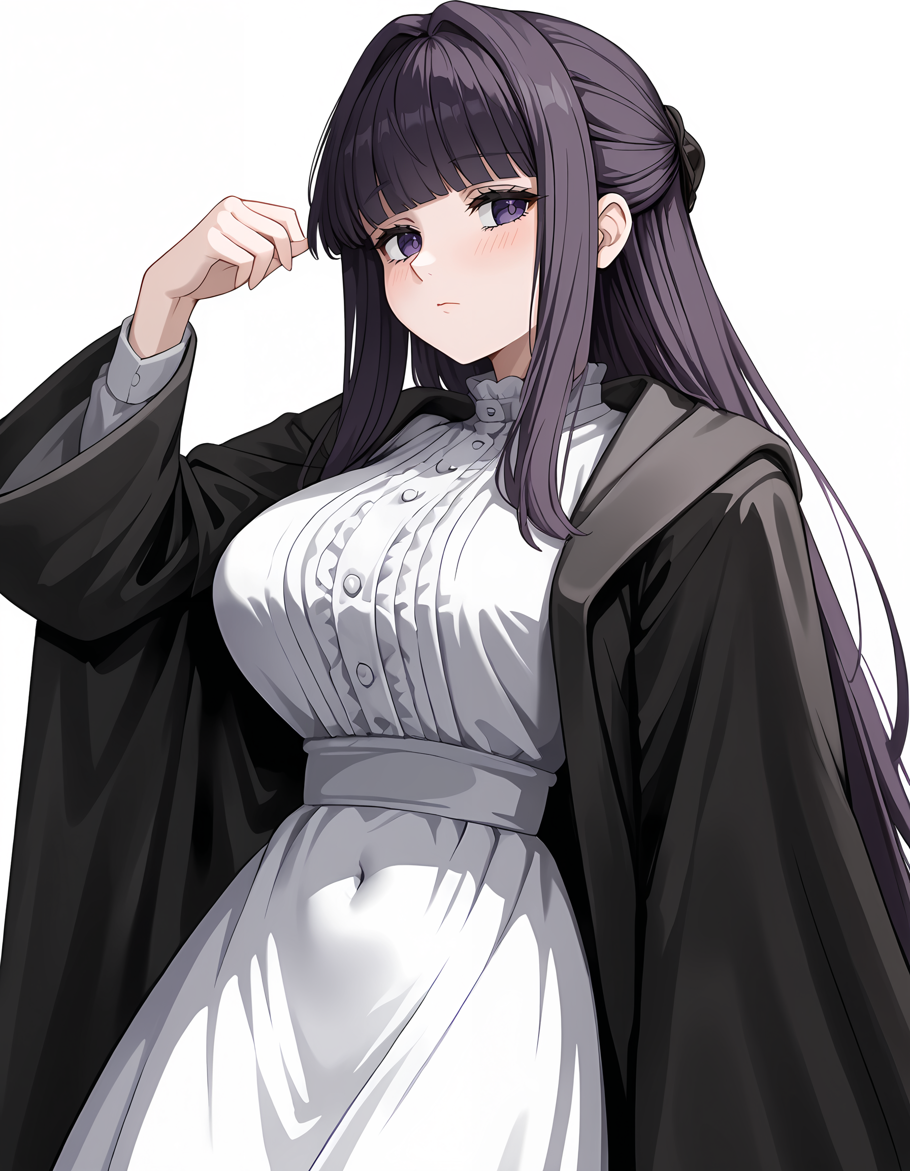 <lora:Frern:1>f3rn, 1girl, white dress, long hair, white background, simple background, covered navel, long sleeves, black coat, closed mouth, looking to the side, blush, hand up, frills, frilled collar, long dress, black robe, open clothes, half updo