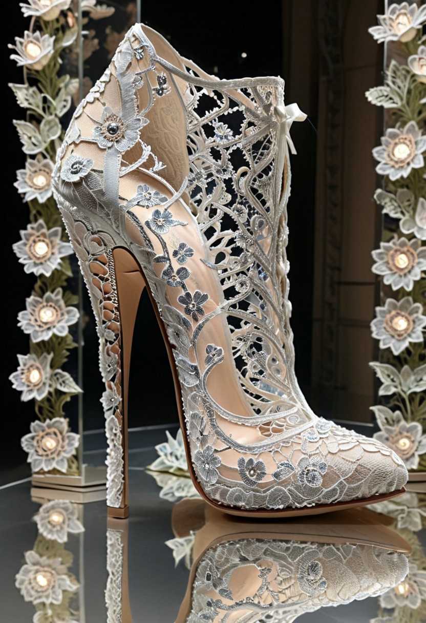 lazypos,high quality,masterpiece,ultra-high resolution,incredible composition,extremely detailed, 
madeoflace, high fashion stiletto heel entirely made of white lace and embroidered silver threads, standing on a mirrored runway with floral light patterns