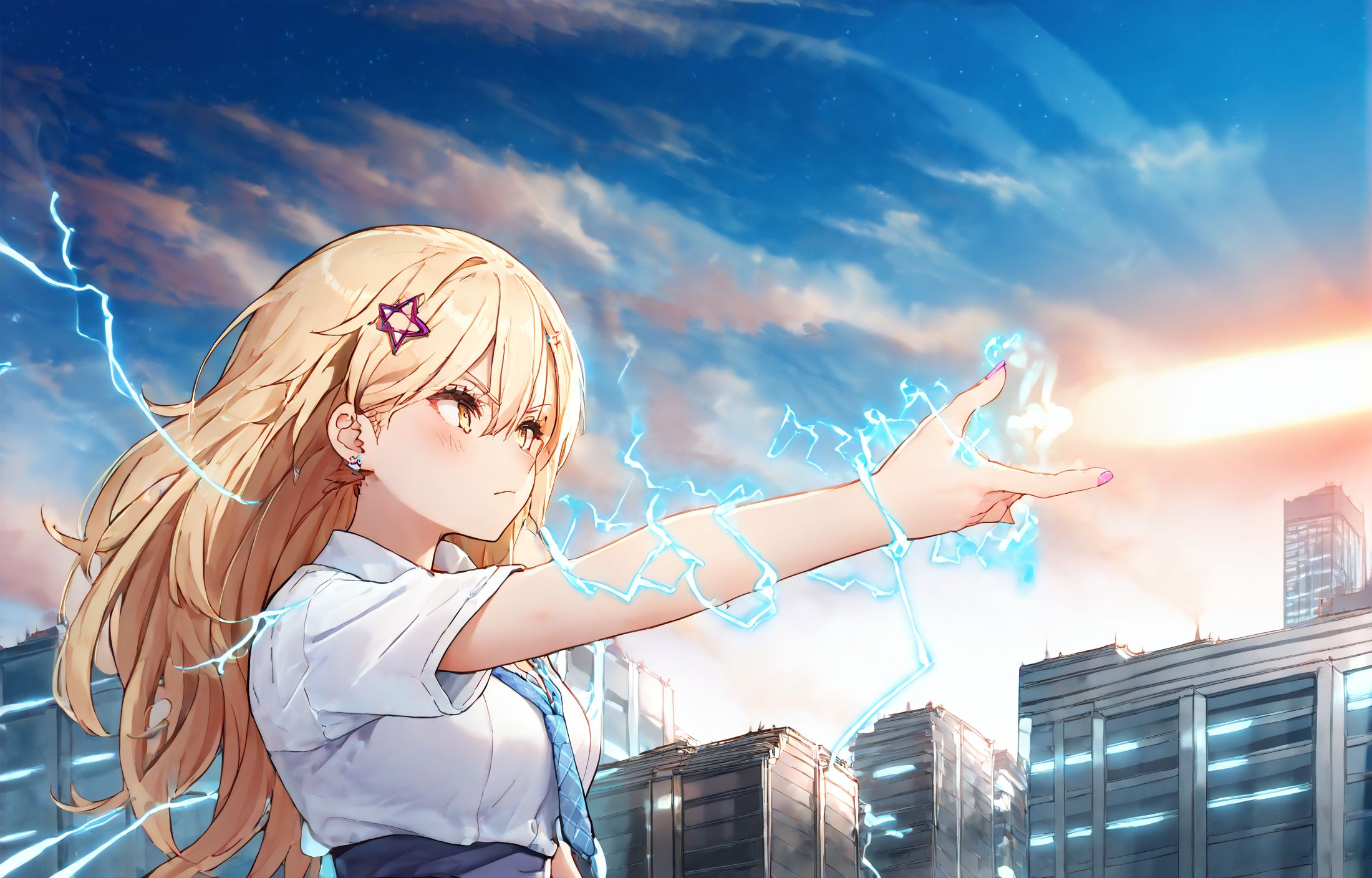 score_9,score_8_up,score_7_up,masterpiece, best quality, <lora:WHM 0.2v:0.5>, WHM, 2D,anime,  
<lora:HandFixer_pdxl_Incrs_v1:0.5>,   
<lora:railgun_technique:1>, orange beam, energy beam, from side, looking to the side, electricity, electrokinesis,solo, solo focus, 
<lora:aria_kisaki_anime_v2-soralz:0.8>aria kisaki,aria kisaki, blonde hair, long hair, hair between eyes, gold eyes, star hair ornament, stud earrings,blush, 
 collarbone, cleavage,
white collared shirt, short sleeves, collarbone, cleavage, necklace, blue necktie, black hand scrunchie, pink nails, blue pleated skirt, white socks, black loafers,
necktie, 
sexy body, narrow waist, wide ass,Healthy Beauty, huge breasts,