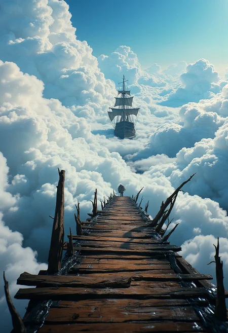 somewhere high in the sky. (huge milky clouds, wooden pier in the sky, wooden ladder leaning against the pier in the background, a wooden ship with white sails slowly sails away from the pier), (detailed) cinematic, (fantasy dreamy picture), film grain, loot, crazy details, intricate details, hyper-detailed, (close-up), (photorealistic)