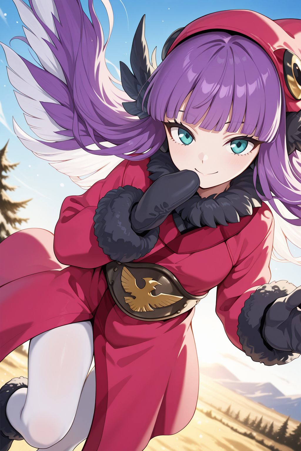 1girl,
MuushuWuuShinMegamiTensei,
safe, solo, dynamic angle,
long hair, hair wings, purple hair, multicolored hair,
white hair,
hat, fur trim, earmuffs, blunt bangs,
long sleeves, mittens, black gloves, coat, white pantyhose,
flying, looking at viewer, smile,
outdoors, blue sky,
<lora:kp_MuushuWuuShinMegamiTenseiIllustrious_v1_0:1.0>,
masterpiece, best quality, amazing quality