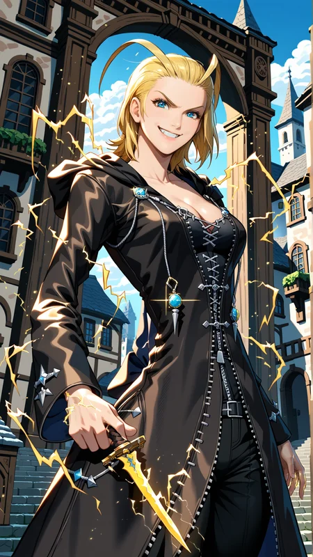 fantasy-style, (zPDXL), (((cowboy shot))), (((dynamic pose))), (((dynamic angle))), webtoon, anime, centered, sehele style, 1girl, 1woman, solo (holding throwing dagger in hand), (((yellow electricity))), (((smirking))), cleavage, larxene, blue eyes, blonde hair, short hair, antenna hair, long black coat, silver draw strings, hood down, perfect hands, medieval fantasy empty city background, outdoors, <lora:sd_xl_dpo_lora_v1:1>, <lora:OMG-Is-DucHaiten_v1.0:0.1>, <lora:Seunghee_Lee_Style_PDXL:0.4>, <lora:ManhwaSDXL:0.8> <lora:LarxeneSDXL:0.8>