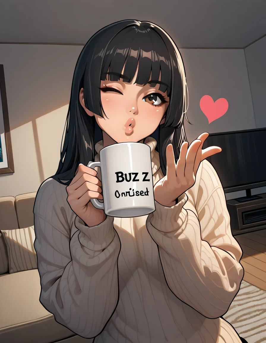 indoor,in winter,living room,<lora:IckpotIXL:0.8>,hime cut,eyewear,black hair,brown eyes,long hair,wink,blowing kiss,pursed lips,heart,sweater,holding a mug,cinematic_angle,dynamic_angle,kind_smile,(buzz:1.3),mug written buzz,