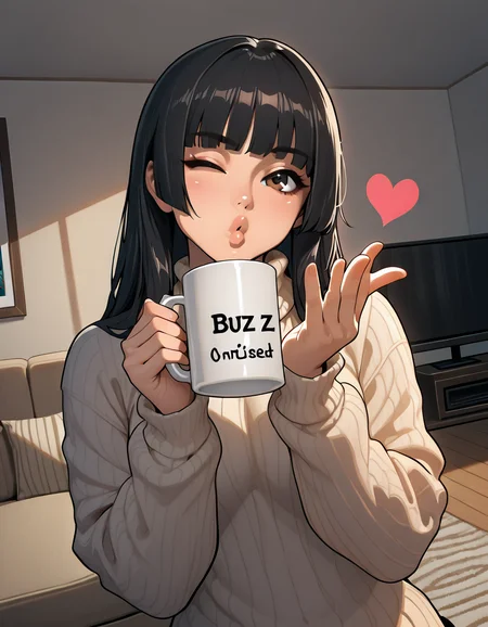 indoor,in winter,living room,<lora:IckpotIXL:0.8>,hime cut,eyewear,black hair,brown eyes,long hair,wink,blowing kiss,pursed lips,heart,sweater,holding a mug,cinematic_angle,dynamic_angle,kind_smile,(buzz:1.3),mug written buzz,