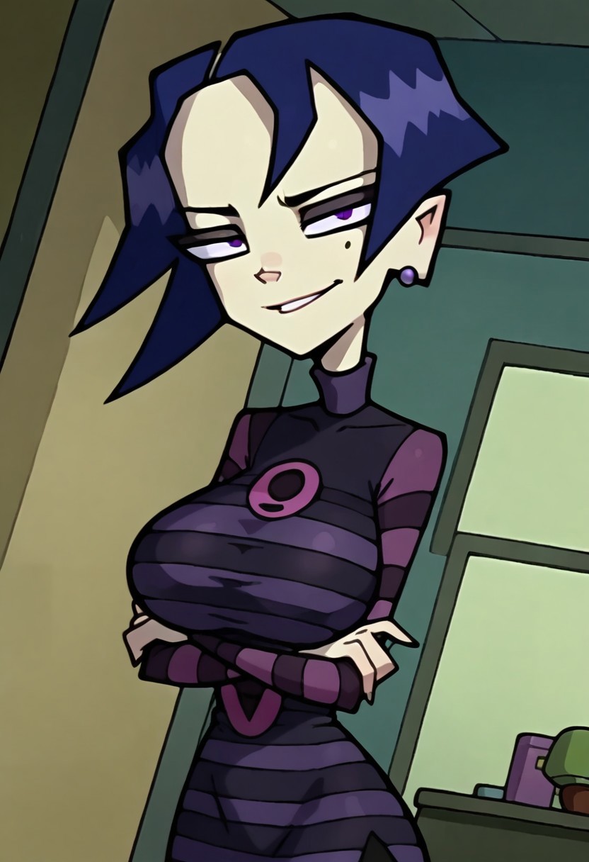 Score_9_up, score_8_up, score_7_up, BREAK, Jabstyle, Expressiveh, dynamic angle, high quality, 1girl, takhinvz, blue hair, solo, makeup, pale skin, purple eyes, mole under eye, striped dress, striped sleeves, turtleneck, big breasts, small earring, arms crossed, smirking, looking at viewer, bedroom, detailed scenery