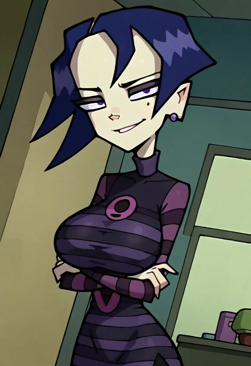 Score_9_up, score_8_up, score_7_up, BREAK, Jabstyle, Expressiveh, dynamic angle, high quality, 1girl, takhinvz, blue hair, solo, makeup, pale skin, purple eyes, mole under eye, striped dress, striped sleeves, turtleneck, big breasts, small earring, arms crossed, smirking, looking at viewer, bedroom, detailed scenery