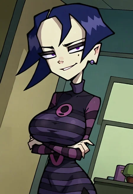 Score_9_up, score_8_up, score_7_up, BREAK, Jabstyle, Expressiveh, dynamic angle, high quality, 1girl, takhinvz, blue hair, solo, makeup, pale skin, purple eyes, mole under eye, striped dress, striped sleeves, turtleneck, big breasts, small earring, arms crossed, smirking, looking at viewer, bedroom, detailed scenery