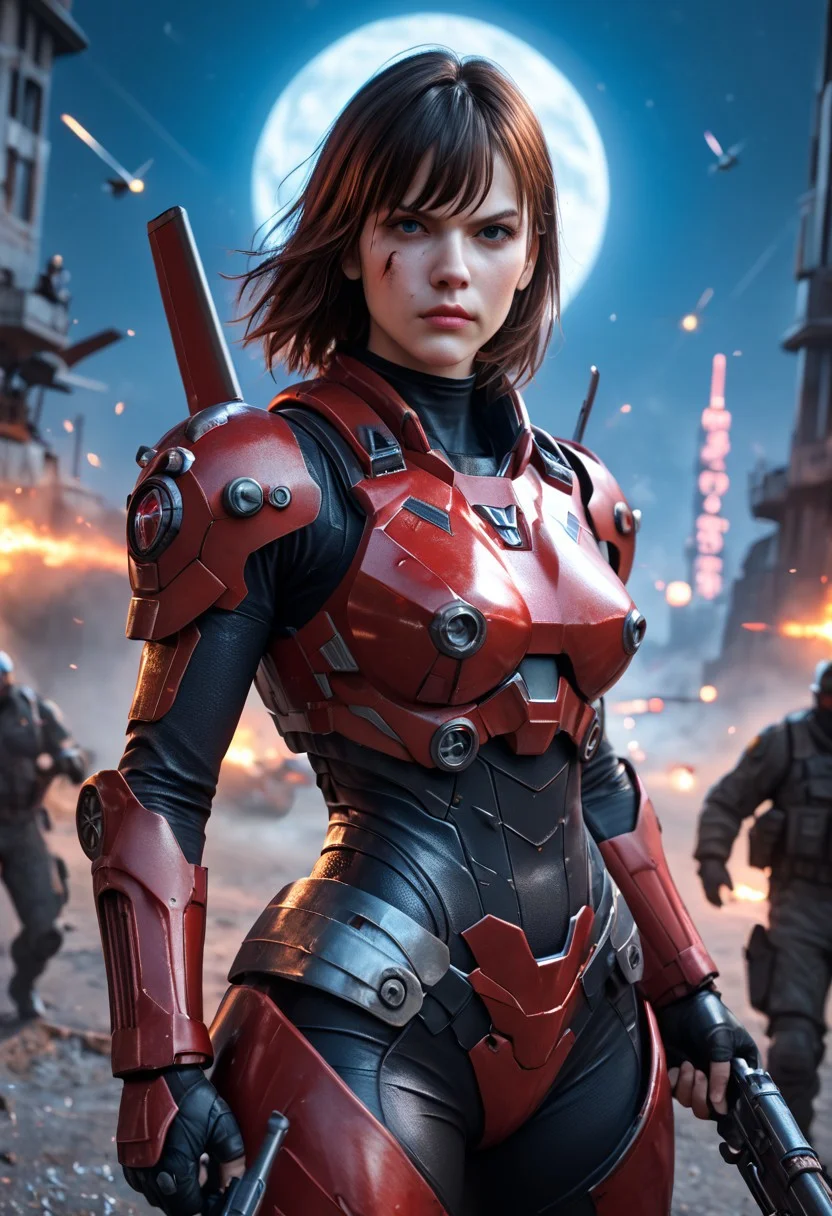 score_9, score_8_up, score_7_up, detailed photorealistic image, detailed face, 4K, 8K, absurdres, sci-fi, portrait of 1girl, solo, bangs, on a battlefield in a moon city, red armor, ripped and torn bodysuit, skin tight, holding, firing railgun, firing weapon, closeup of face, photography, detailed face, mecha armour, focus on face, BREAK
surrounded by other soldiers, explosions, armored vehicles, aircraft, skyscrapers, high contrast, at night, neon lights