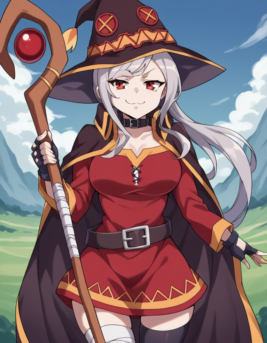 score_9, score_8_up, score_7_up, source_anime, <lora:shalltear-bloodfallen-s1s2-ponyxl-lora-nochekaiser:1>, shalltear, grey hair, long hair, red eyes, silver hair, large breasts,, <lora:megumin-cosplay-ponyxl-lora-nochekaiser:1>, megumin cosplay, megumin (cosplay), thighhighs, gloves, hat, dress, black gloves, belt, black thighhighs, fingerless gloves, cape, collar, witch hat, bandages, red dress, single thighhigh, asymmetrical legwear, bandaged leg,, staff, holding staff, smug, outdoors, looking at viewer, cowboy shot,