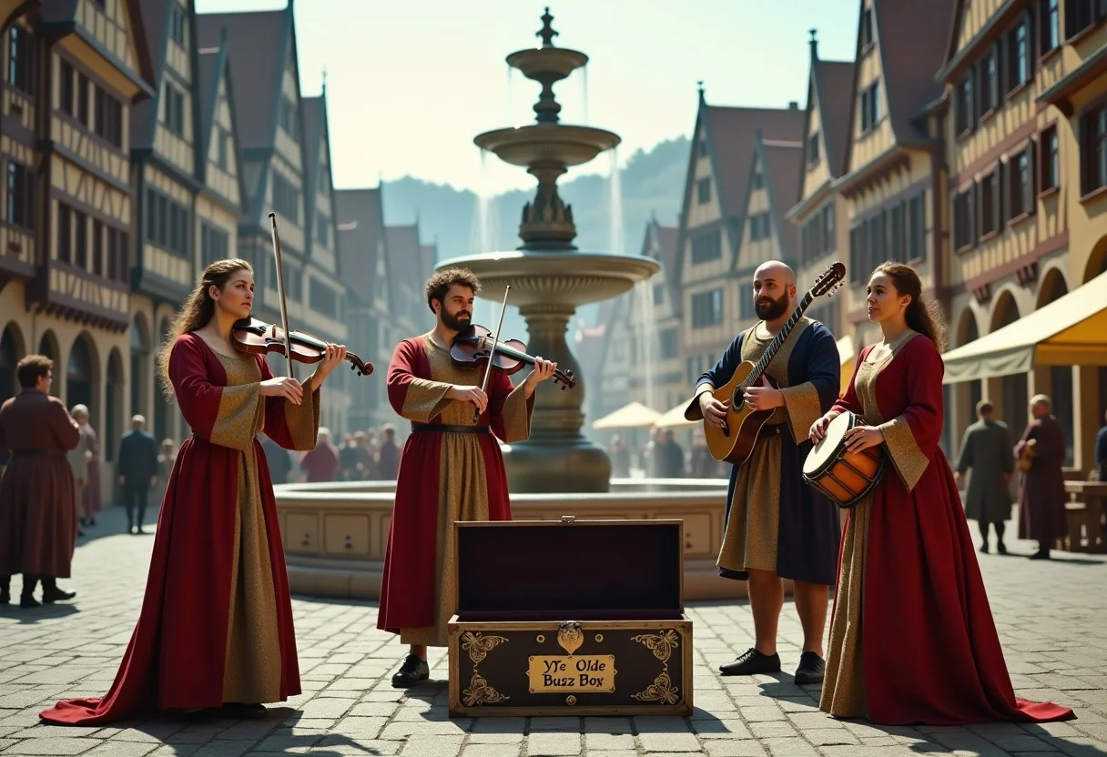 A small troupe of medieval minstrels, playing in the market square of a large medieval town. They wear quality medieval clothing, of the fine styles of lower nobility. There is a female flute player, a male lute player, a male vielle player, a male naker kettledrum player, and a female tambourine player. They play in front of the town fountain. In front of them is an open casket with ornate metal nameplate with "Ye Olde Buzz Box" written on it in a medieval-styled font. Medieval city with Tudor and Fachwerk houses and buildings, and Byzantine and early Gothic temples, banks, and other significant buildings. The city, and everyone in it, are from the medieval period. Panoramic, post-processed, cinematic still. High-quality, ultra-detailed, 8K, aidmamj6.1