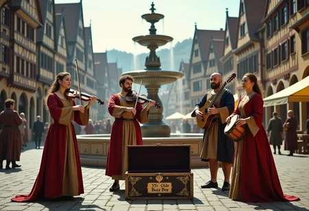 A small troupe of medieval minstrels, playing in the market square of a large medieval town. They wear quality medieval clothing, of the fine styles of lower nobility. There is a female flute player, a male lute player, a male vielle player, a male naker kettledrum player, and a female tambourine player. They play in front of the town fountain. In front of them is an open casket with ornate metal nameplate with "Ye Olde Buzz Box" written on it in a medieval-styled font. Medieval city with Tudor and Fachwerk houses and buildings, and Byzantine and early Gothic temples, banks, and other significant buildings. The city, and everyone in it, are from the medieval period. Panoramic, post-processed, cinematic still. High-quality, ultra-detailed, 8K, aidmamj6.1
