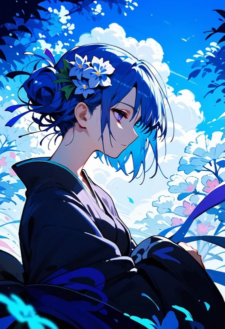 score_9, score_8_up, score_7_up, HENRIETTE MYSTERE,
1girl, solo, hair ornament, blue hair, purple eyes, flower, japanese clothes, hair flower, kimono, profile, black kimono