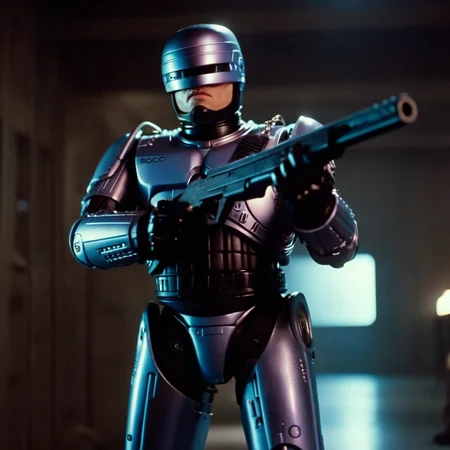 cinematic film still of  <lora:RoboCop 1987:1.2>
RoboCop 1987 a villain criminal man holding a shotgun in a dark room, shallow depth of field, vignette, highly detailed, high budget, bokeh, cinemascope, moody, epic, gorgeous, film grain, grainy