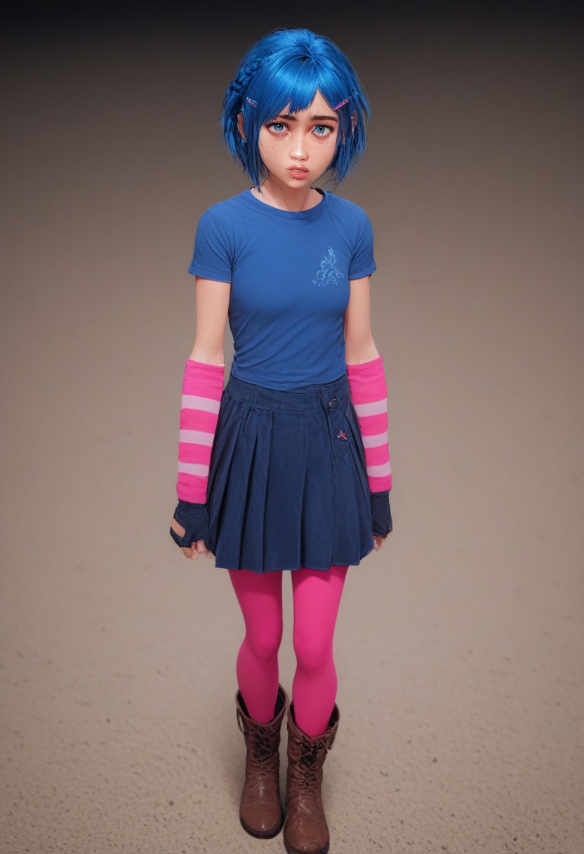score_9, score_8_up, score_7_up, <lora:powderV02_> powder 1girl, hair clips, beautiful face, arcane, bangs, blue hair, blurry, braid, freckles, hair ornament, looking at viewer, parted lips, powder, shiny hair, short hair, short sleeves, solo , blue eyes, perfect lips,age difference,small breasts,petite,<lora:Realistic000003_1_2.5DAnime_0.05_Merge1:1> <lora:add-detail-xl:1> eyes blue,  zPDXL  zPDXLxxx,blue leg warmers, blue shirt, blue skirt, boots, brown boots, brown pants, elbow gloves, fingerless gloves, leg warmers, leggings, pants, pink leggings, pink sleeves, shirt,blue short pants, skirt, sleeves, striped sleeves, portrait, official style, arcane style
standing,full body , collecting mechanical parts