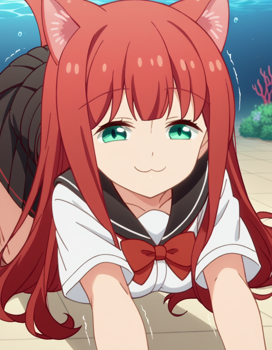 score_9, score_8_up, score_7_up, source_anime, <lora:yuki-minagawa-s1-ponyxl-lora-nochekaiser:1>, yuki minagawa, long hair, bangs, green eyes, red hair, medium breasts, anime screencap, skirt, school uniform, serafuku, black skirt, pleated skirt, red bowtie, black sailor collar, white shirt,, seafloor, coral, fish, underwater, blue, smile, <lora:cat-stretch-ponyxl-lora-nochekaiser:1> cat stretch, stretching, top-down bottom-up, all fours, arched back, closed eyes, cat tail, animal ears, tail ears, trembling,, looking at viewer, solo,, dutch angle, cowboy shot