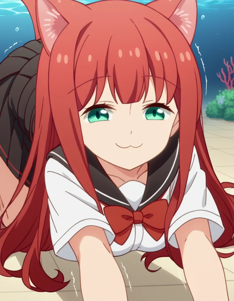score_9, score_8_up, score_7_up, source_anime, <lora:yuki-minagawa-s1-ponyxl-lora-nochekaiser:1>, yuki minagawa, long hair, bangs, green eyes, red hair, medium breasts, anime screencap, skirt, school uniform, serafuku, black skirt, pleated skirt, red bowtie, black sailor collar, white shirt,, seafloor, coral, fish, underwater, blue, smile, <lora:cat-stretch-ponyxl-lora-nochekaiser:1> cat stretch, stretching, top-down bottom-up, all fours, arched back, closed eyes, cat tail, animal ears, tail ears, trembling,, looking at viewer, solo,, dutch angle, cowboy shot