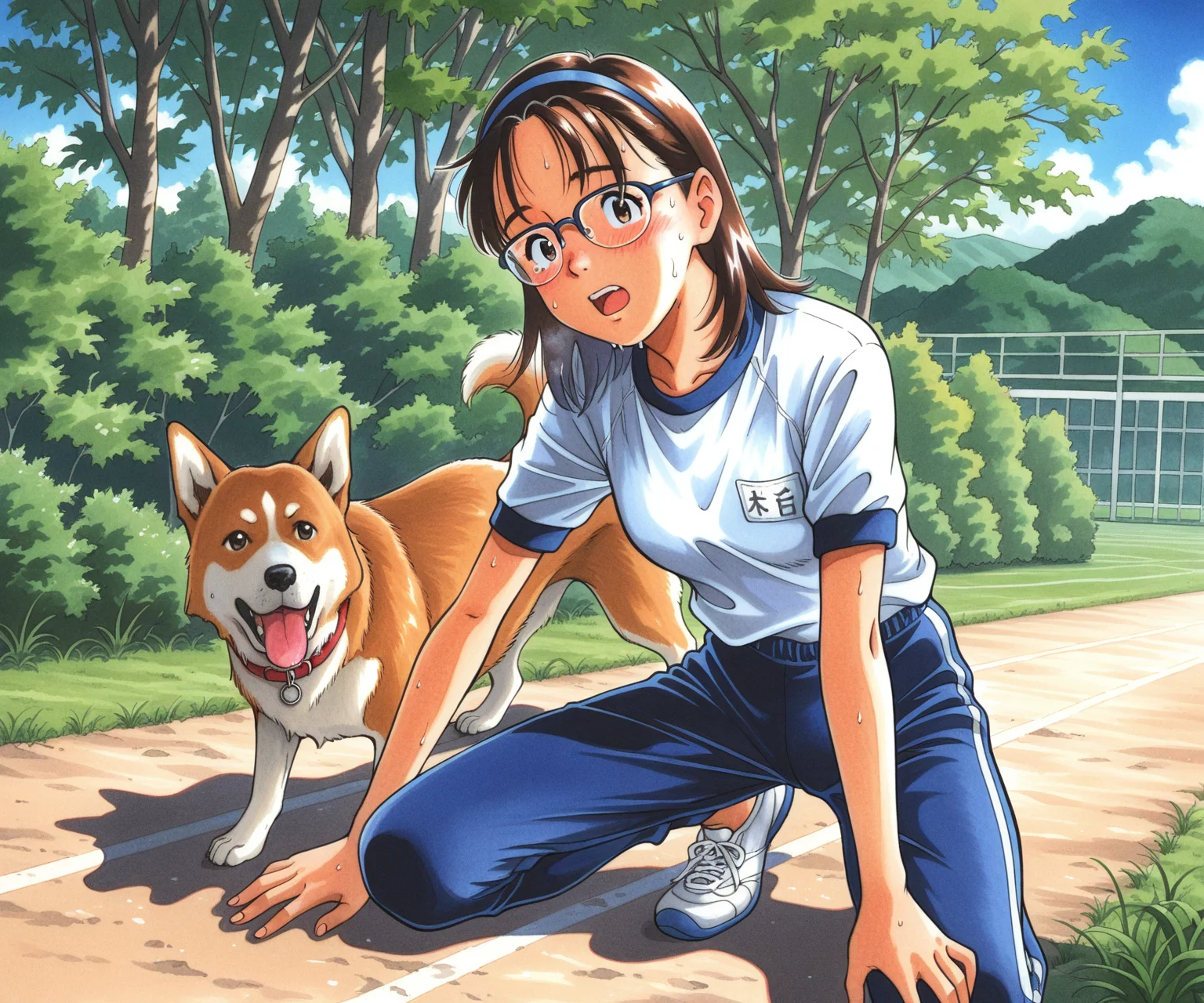 masterpiece, best quality, amazing quality, , 1girl, solo, gym uniform, pants, outdoors, medium hair, glasses, <lora:Kurita Yuugo style ILL-v2:1.2> kuritayuugo, dog,