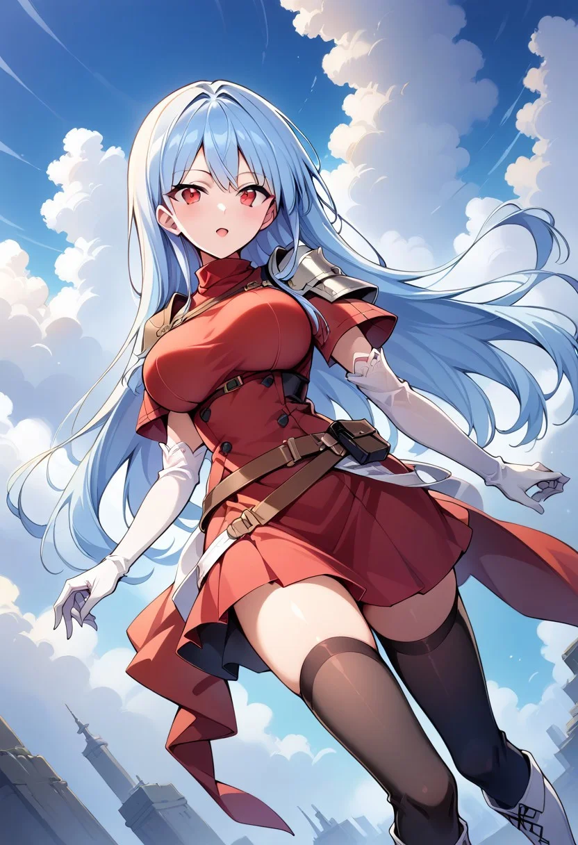 score_9, score_8_up, score_7_up, masterpiece, high quality, source_anime, 1girl, solo, dutch angle, sky,
nayuki hiori, red eyes, light blue hair, long hair, large breasts,
turtleneck, red shirt, shoulder armor, pauldrons, breastplate, multiple belts, brown belt, white gloves, elbow gloves, red skirt, black thighhighs, white boots