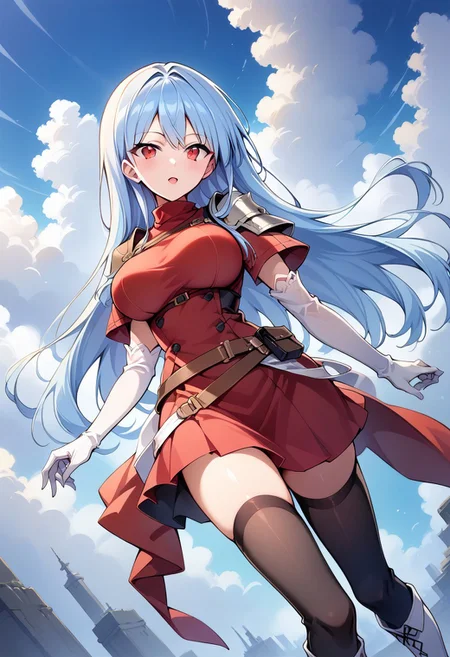 score_9, score_8_up, score_7_up, masterpiece, high quality, source_anime, 1girl, solo, dutch angle, sky,
nayuki hiori, red eyes, light blue hair, long hair, large breasts, 
turtleneck, red shirt, shoulder armor, pauldrons, breastplate, multiple belts, brown belt, white gloves, elbow gloves, red skirt, black thighhighs, white boots