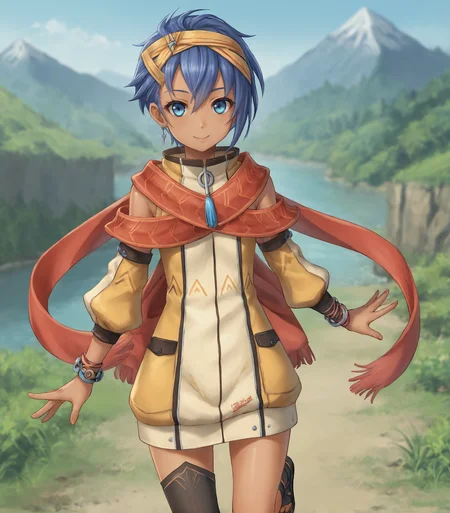 score_9, score_8_up, score_7_up, score_6_up, score_5_up, score_4_up, BREAK source_anime,
1girl, solo, <lora:FeriAlFayed:0.9>, Feri Al-Fayed, blue eyes, blue hair, short hair, dark-skinned female, small breasts, headband, single earring, pendant, yellow dress, red shawl, detached sleeves, bracelet, asymmetrical legwear, sandals,,
outdoors, distant mountains, looking at viewer, cowboy shot , smile,
<lora:Racoonkun_Artist_Style:0.6>, racoonsan,,