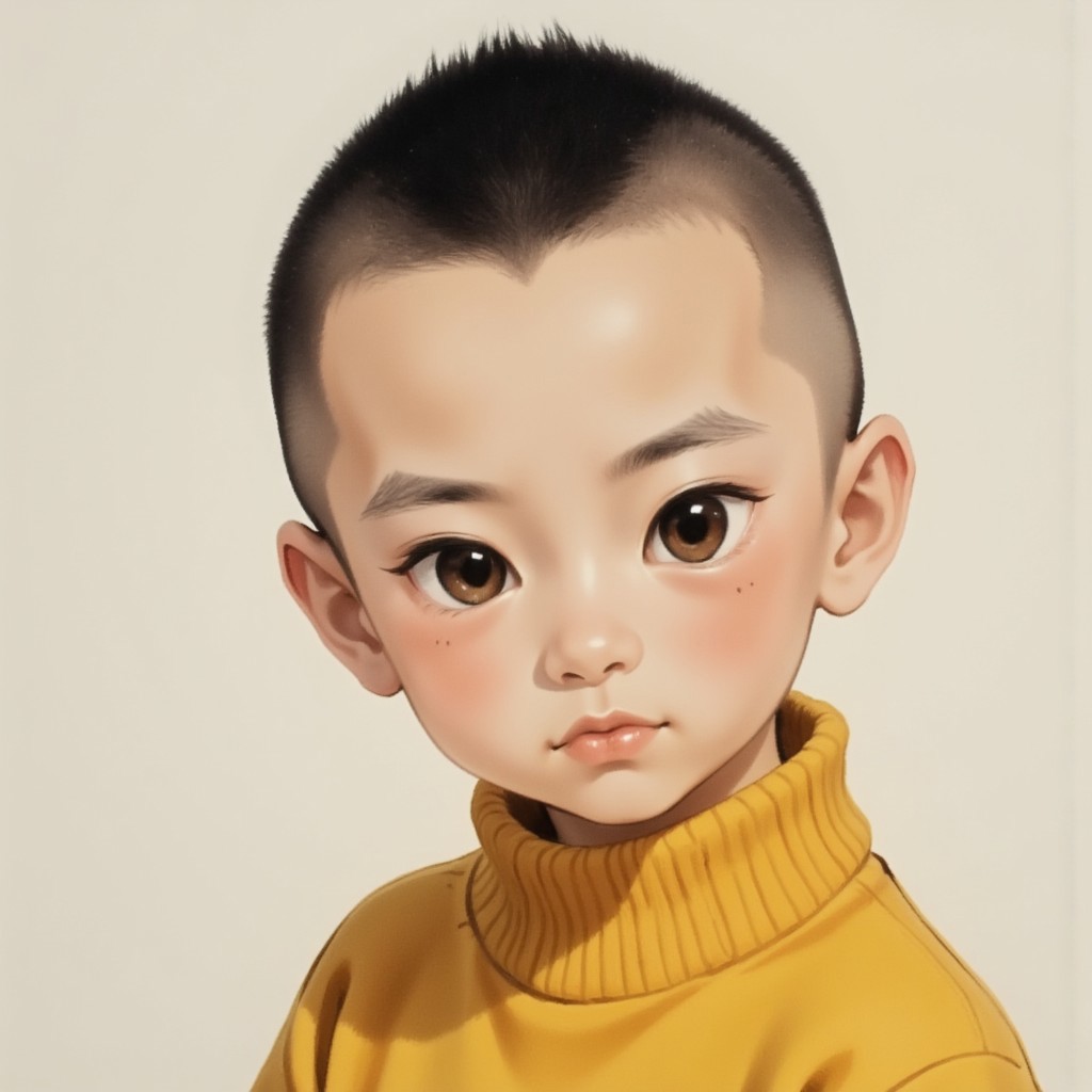 1boy, shaved head, black hair, dark brown eyes, Asian appearance, yellow sweater,zydInk