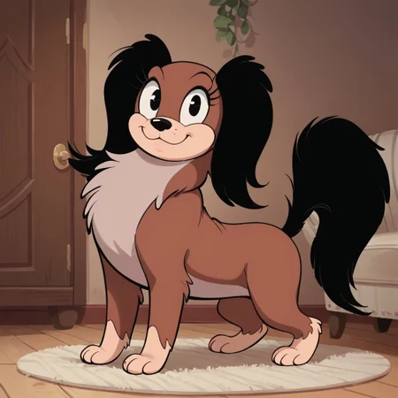 score_9, score_8_up, score_8, score_7, score_6_up, source_cartoon, Fifi(M), Solo, 1girl, feral, dog, pekingese dog, brown fur, two-toned fur, black eyes, dog ears, black nose, long black ears, fluffy black tail, full body, looking at viewer, standing, smile, living room background,