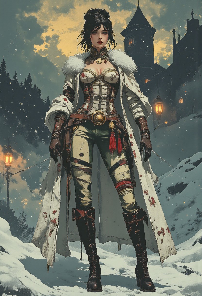A Gothic Victorian fantasy warrior maiden stands proudly, wearing a floor-length, high-collared bodysuit adorned with intricate embroidery, gold inserts, and delicate lace, paired with a luxurious fur cape, a pair of worn, sharp, and frilly jeans, and a tight, open-shouldered corset with ornate, red and white striped epaulettes. A festive, floral, and puffy winter jacket is draped over her shoulders, secured with a shiny, ornate buckle. Her hair is styled with a stunning, tiara-like headpiece featuring delicate, sparkling tassels and a majestic, snowy white fur-trimmed shawl. Her hands are clasped together, holding a majestic, ornate, and ornamental oculus, as if gazing at a mystical, snowflake-adorned sky. Her feet are clad in a pair of knee-high, black leather boots with intricate, Gothic-inspired buckles. Her overall style is a mesmerizing blend of medieval, steampunk, and punk elements, evoking a sense of regal, mystical power and enchantment.