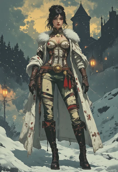 A Gothic Victorian fantasy warrior maiden stands proudly, wearing a floor-length, high-collared bodysuit adorned with intricate embroidery, gold inserts, and delicate lace, paired with a luxurious fur cape, a pair of worn, sharp, and frilly jeans, and a tight, open-shouldered corset with ornate, red and white striped epaulettes. A festive, floral, and puffy winter jacket is draped over her shoulders, secured with a shiny, ornate buckle. Her hair is styled with a stunning, tiara-like headpiece featuring delicate, sparkling tassels and a majestic, snowy white fur-trimmed shawl. Her hands are clasped together, holding a majestic, ornate, and ornamental oculus, as if gazing at a mystical, snowflake-adorned sky. Her feet are clad in a pair of knee-high, black leather boots with intricate, Gothic-inspired buckles. Her overall style is a mesmerizing blend of medieval, steampunk, and punk elements, evoking a sense of regal, mystical power and enchantment.