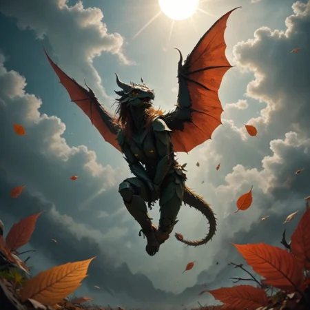 score_9, score_8_up, score_7_up, score_6_up, score_5_up, score_4_up, an flying dragon made of leaves, in cyber space, WORLD MORPH LEAVES , full of leaves, RED LEAVES
